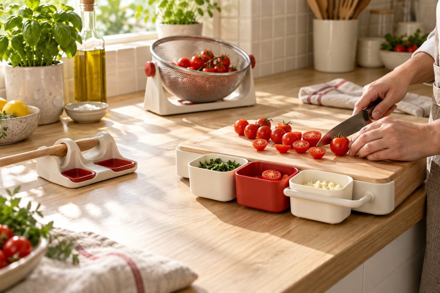 Sunlight over a kitchen worktop with prep tools and fresh ingredients